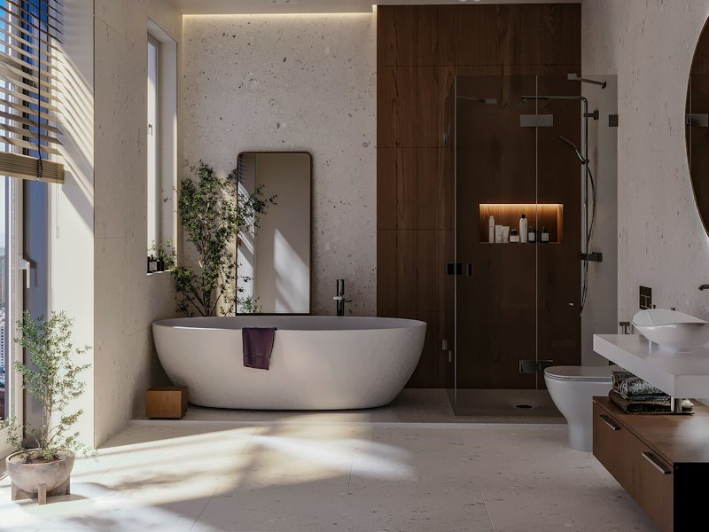 Salle de bain rénovée avec baignoire autoportante et douche en céramique